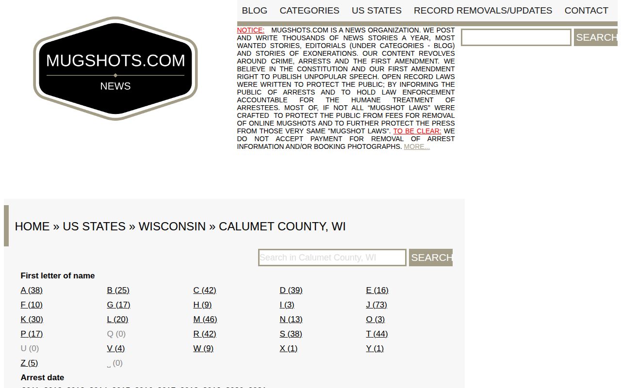 Mugshots.com Calumet County directory page
