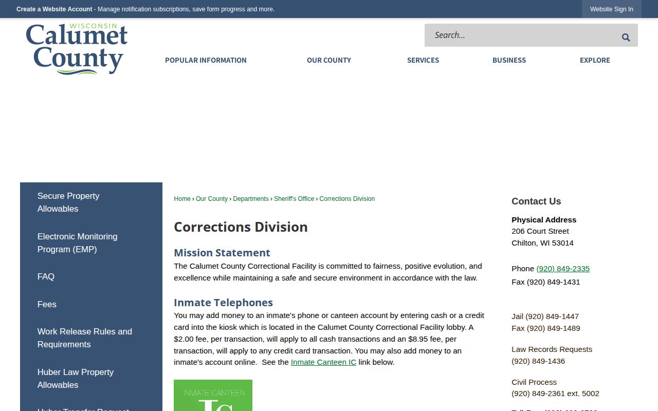 Calumet County Correctional Facility official roster and booking report hub