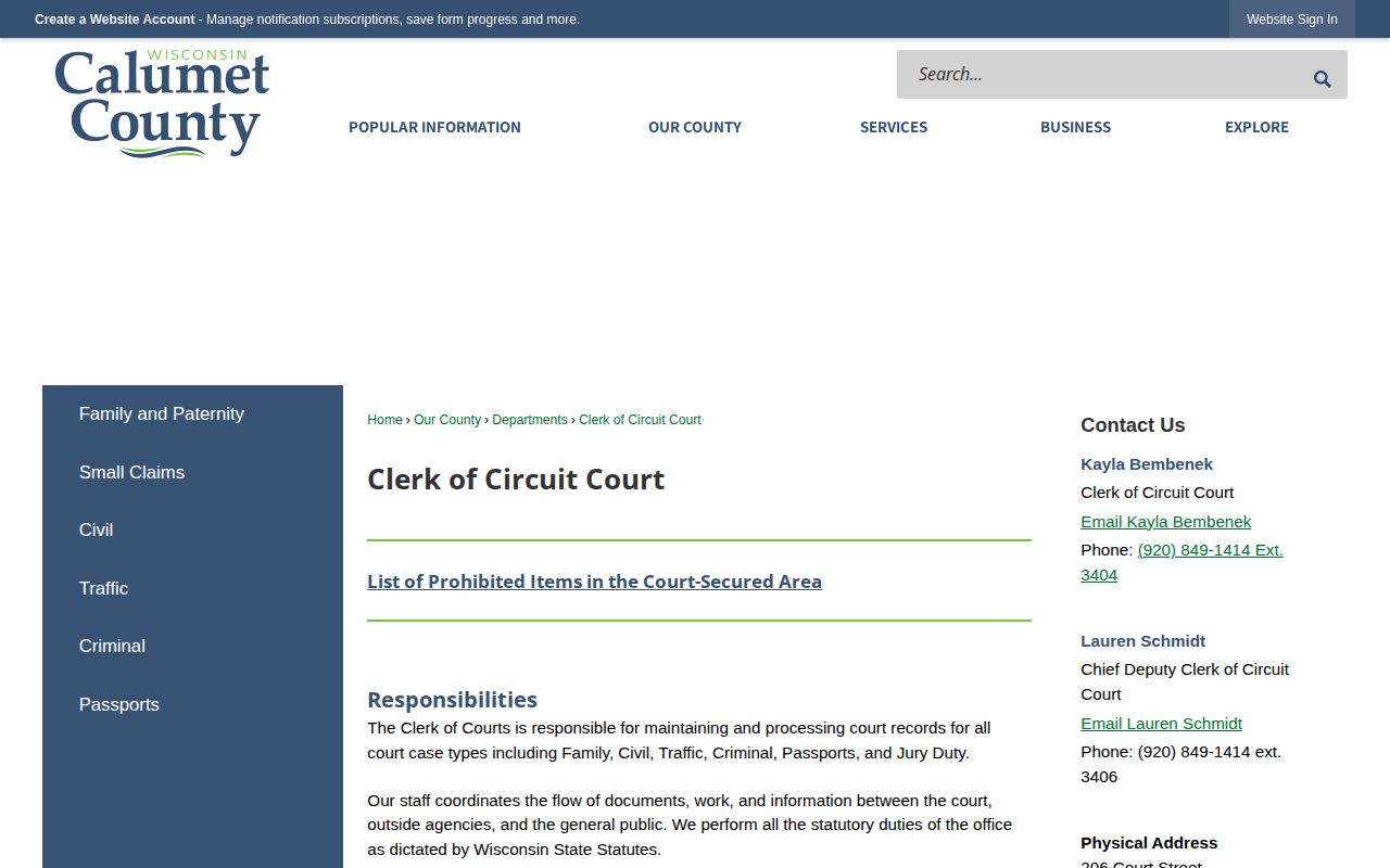 Calumet County Clerk of Circuit Court webpage